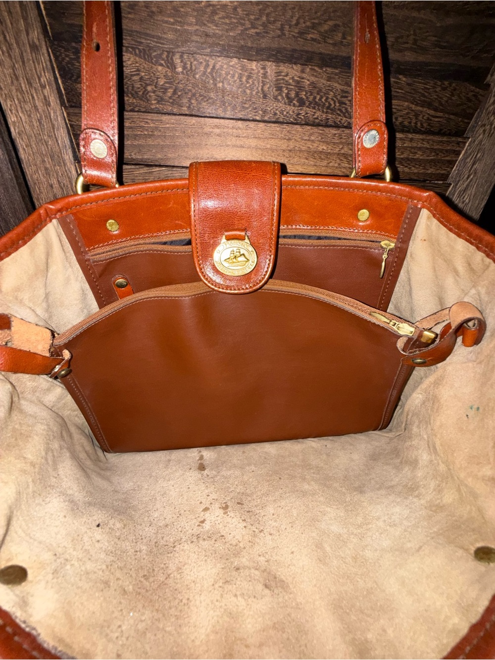 Vintage Dooney & Bourke AWL British Tan Large Leather Shopper Tote Duck Logo USA - Picture 7 of 9